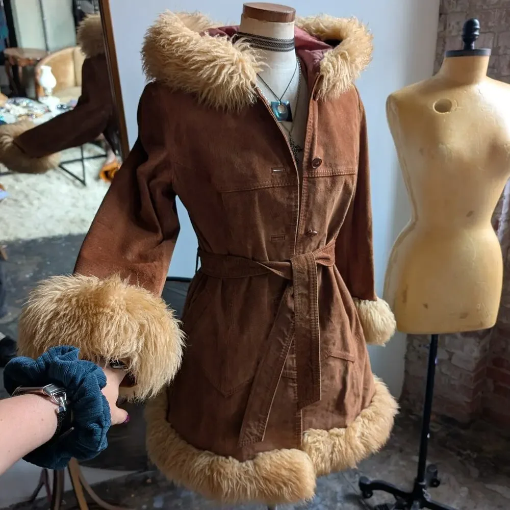 Vintage Leather Penny Lane Jacket Faux Fur Furry 70s Afghan Tapestry Trench Coat - Picture 2 of 16